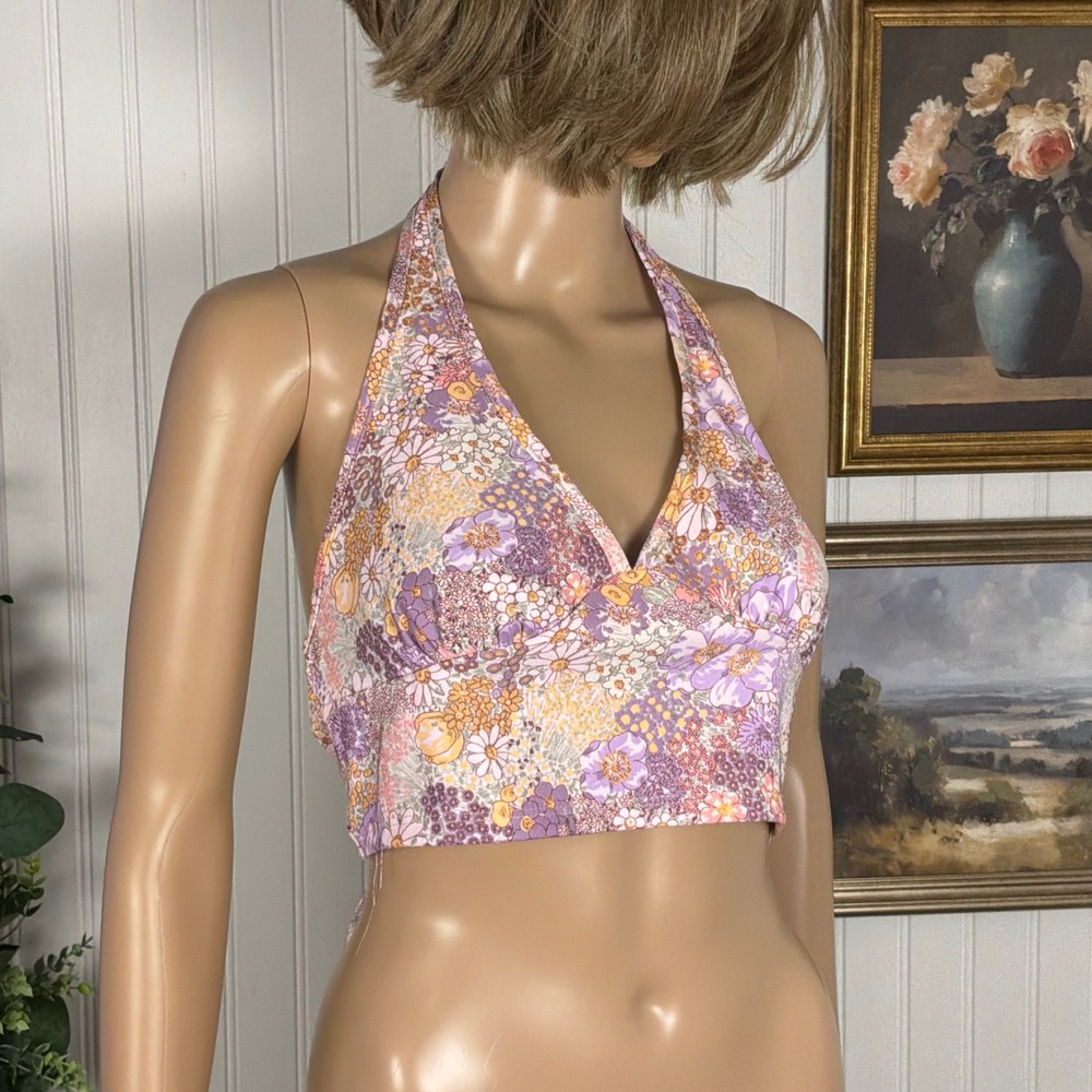 Altar'd State Halter Top Womens Size Medium Purple Floral Excellent Boho Crop